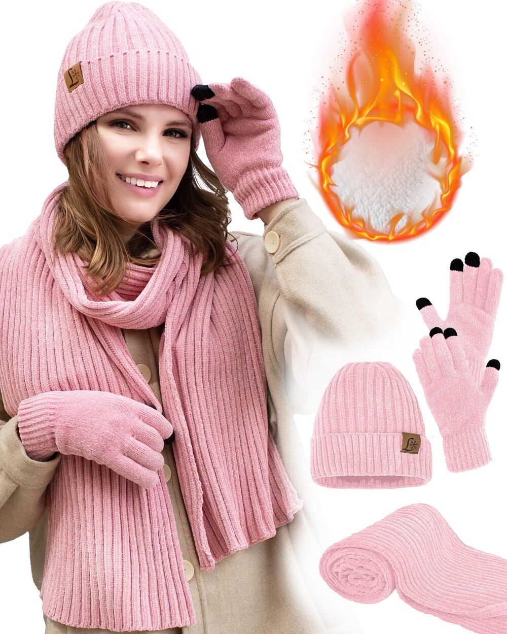 5322 Winter Knit Warm Hat Beanie Long Scarf Touch Screen Gloves Set Fleece